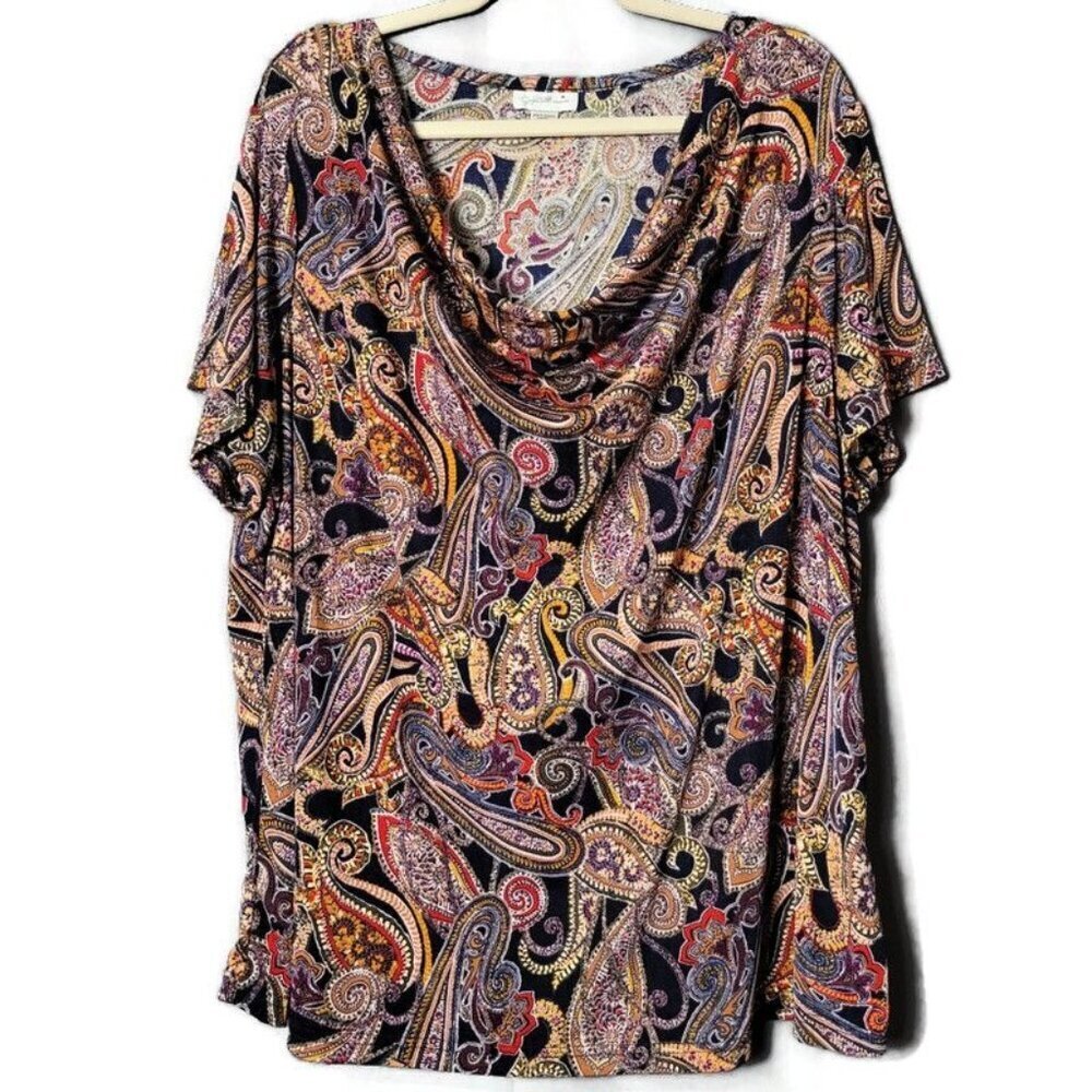 Jaclyn Smith Multicolor Paisley Cowl Dropneck Short Sleeve Career Work Blouse 2X